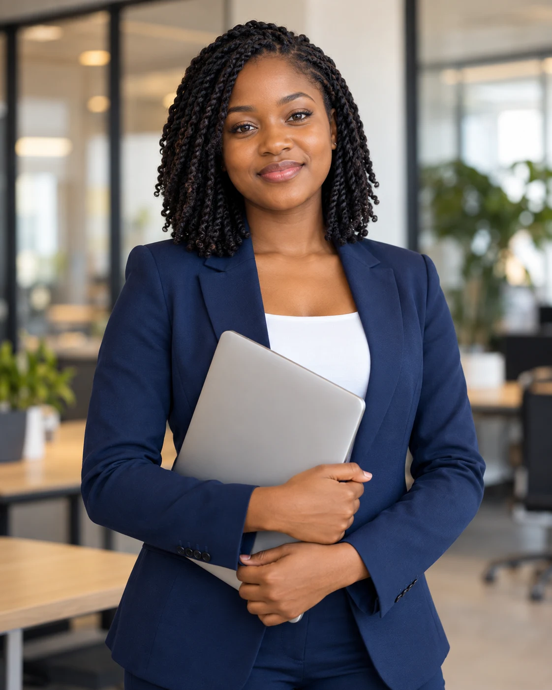 A smiling professional holding a laptop in a modern office