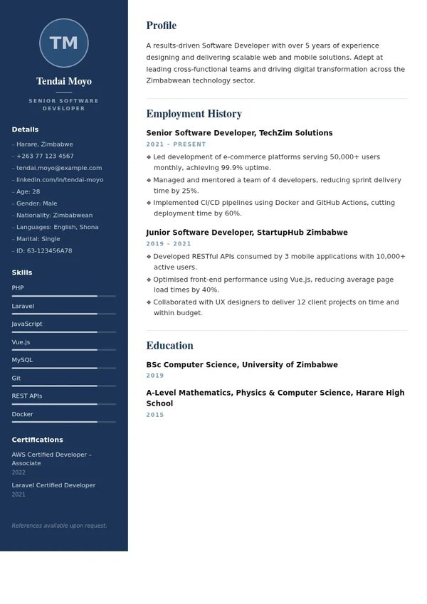 Modern CV template with sample professional experience, education and skills